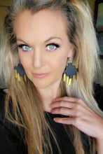 Load image into Gallery viewer, ClayBlack &amp; Gold Aztec Dangles
